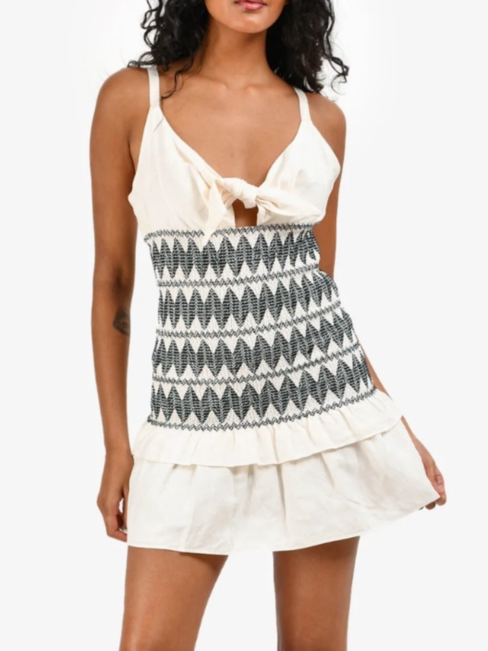 Shona Joy Santania Tie Front Shirred Mini Dress Sz 4 Ivory Black Linen Blend